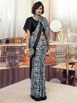 Odette - Black Festive Crepe Printed Saree with Unstitched Blouse