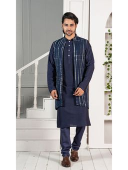 KISAH - Men Navy Blue Kurta Jacket Set (Set of 3)