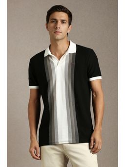 Louis Philippe - Men Black Stripe Polo Neck T-Shirt