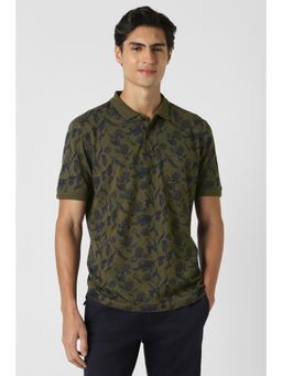 Peter England - Men Olive Print Polo Neck T-Shirt