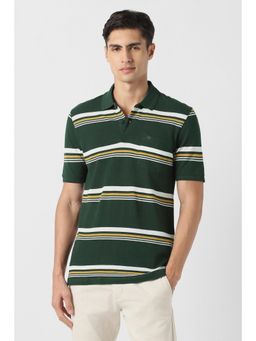Peter England - Men Green Stripe Polo Neck T-Shirt