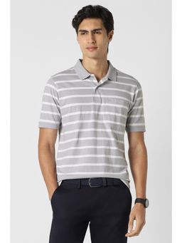 Peter England - Men Grey Stripe Polo Neck T-Shirt