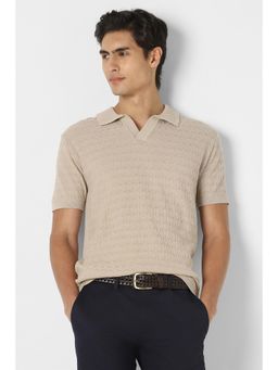 Peter England - Men Beige Textured Polo Neck T-Shirt