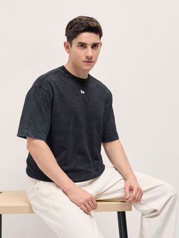 The Bear House - Men Black Cotton Oversized Crew Neck T-Shirt