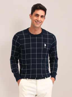 U.S. POLO ASSN. - Checks Navy Blue Full Sleeves Sweater
