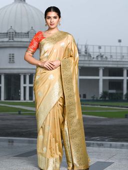 Beatitude - Beige Brown Banarasi Silk Woven Saree with Unstitched Blouse