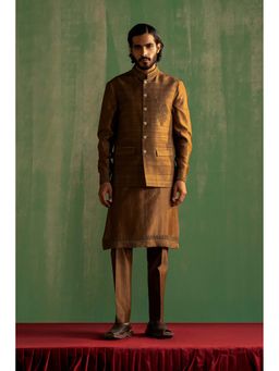 STUDIO BAGECHAA - Tanmay Brown Embroidered Kurta with Pant and Jacket (Set of 3)