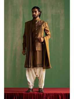 STUDIO BAGECHAA - Zavian Brown Kurta with Patiala Salwar and Jacket & Dupatta (Set of 4)