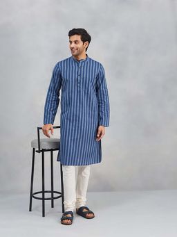 Fabindia - Blue Cotton Striped Slim Fit Kurta