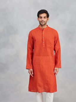 Fabindia - Orange Cotton Blend Striped Kurta