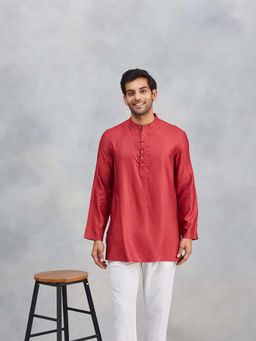 Fabindia - Maroon Viscose Blend Dobby Short Kurta