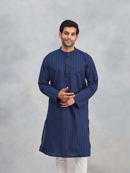 Fabindia - Navy Cotton Blend Striped Slim Fit Kurta