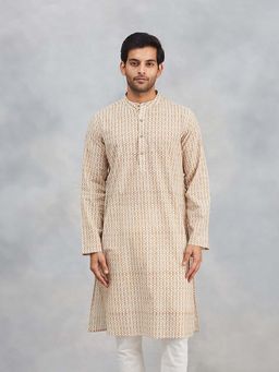 Fabindia - Beige Cotton Hand Block Printed Slim Fit Kurta