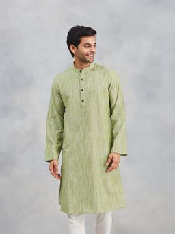 Fabindia - Green Cotton Striped Slim Fit Kurta