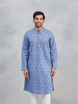 Fabindia - Blue Cotton Hand Block Printed Slim Fit Kurta