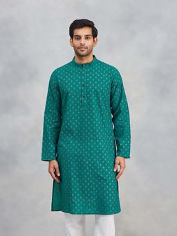 Fabindia - Teal Cotton Hand Block Printed Slim Fit Kurta