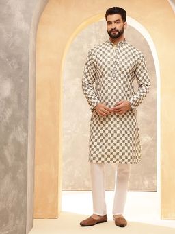 SOJANYA - (Since 1958) Men's Cotton Rayon Embroidered Sequinned Beige Kurta