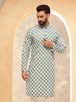 SOJANYA - (Since 1958) Men's Cotton Rayon Embroidered Sequinned Sea Green Kurta