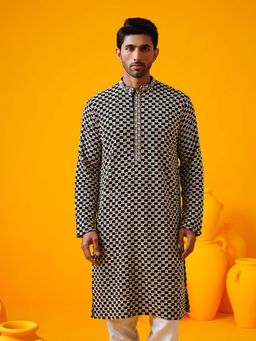 SOJANYA - (Since 1958) Men's Cotton Rayon Sequinned Checks Thread Embroidered Black Kurta