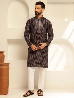 SOJANYA - (Since 1958) Men's Cotton Embroidered Black Kurta