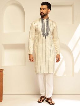 SOJANYA - (Since 1958) Men's Cotton Silk Cream Kurta with Elegant Neck Embroidery