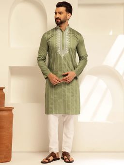 SOJANYA - (Since 1958) Men's Cotton Silk Green Kurta with Elegant Neck Embroidery