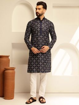 SOJANYA - (Since 1958) Men's Cotton Silk Multi Thread Embroidered Navy Kurta with Sequins