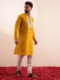 SOJANYA - (Since 1958) Men's Cotton Silk Neck Embroidered Mustard Kurta