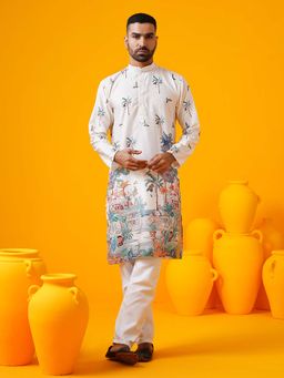 SOJANYA - (Since 1958) Men's Cotton Krochet Daman Print White Kurta