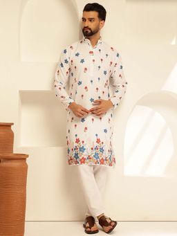 SOJANYA - (Since 1958) Men's Cotton Daman Print White Kurta with Krochet Embroidery