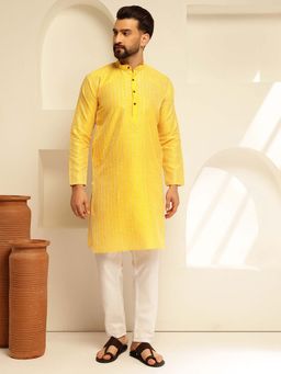 SOJANYA - (Since 1958) Men's Silk Blend Yellow Kurta with Contrast White Thread Detailing