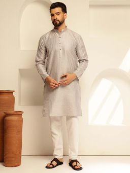 SOJANYA - (Since 1958) Men's Silk Blend Grey Kurta with Contrast White Thread Detailing