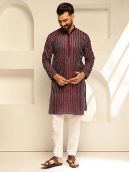 SOJANYA - (Since 1958) Men's Silk Blend Maroon Kurta with Contrast White Thread Detailing