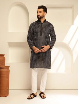 SOJANYA - (Since 1958) Men's Silk Blend Black Kurta with Contrast White Thread Detailing