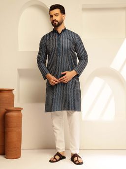 SOJANYA - (Since 1958) Men's Silk Blend Navy Kurta with Contrast White Thread Detailing