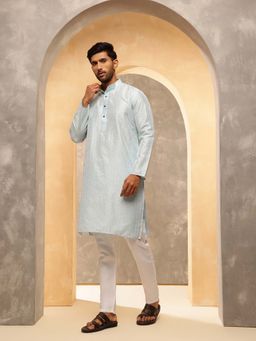 SOJANYA - (Since 1958) Men's Silk Blend Sky Blue Kurta With Contrast White Thread Detailing