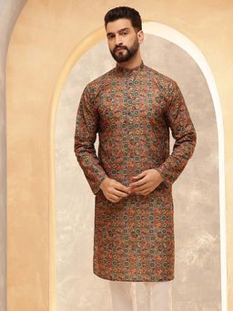 SOJANYA - (Since 1958) Men's Cotton Linen Kalamkari Printed Multi and Green Kurta