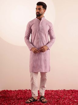 SOJANYA - (Since 1958) Men's Cotton Silk Boota Mirror Embroidered Pink Kurta