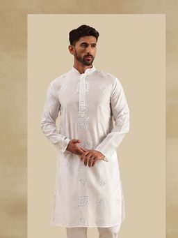 SOJANYA - (Since 1958) Men's Cotton Silk Boota Mirror Embroidered White Kurta
