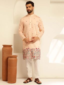 SOJANYA - (Since 1958) Men's Cotton Silk Daman Embroidered Peach Kurta