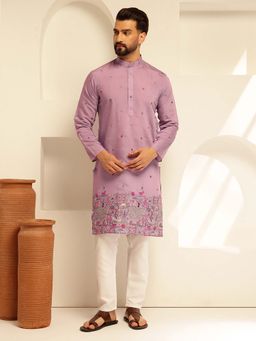 SOJANYA - (Since 1958) Men's Cotton Silk Daman Embroidered Purple Kurta