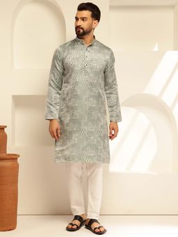 SOJANYA - (Since 1958) Men's Jacquard Silk Woven Design Green Kurta