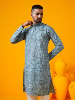 SOJANYA - (Since 1958) Men's Cotton Silk Kantha Thread Embroidered Blue Kurta