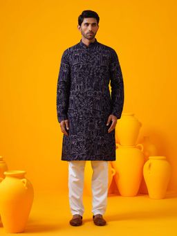 SOJANYA - (Since 1958) Men's Cotton Silk Kantha Thread Embroidered Purple Kurta