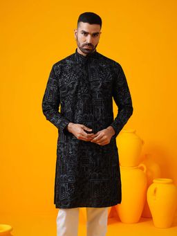 SOJANYA - (Since 1958) Men's Cotton Silk Kantha Thread Embroidered Black Kurta