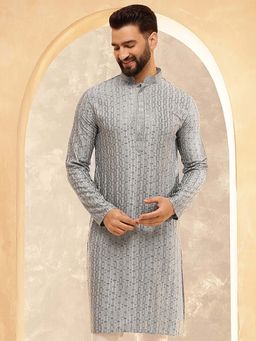 SOJANYA - (Since 1958) Men's Cotton Rayon Shiny Thread Sequinned Grey Kurta