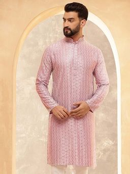 SOJANYA - (Since 1958) Men's Cotton Rayon Shiny Thread Sequinned Pink Kurta