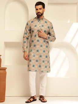 SOJANYA - (Since 1958) Men's Cotton Linen Motif Bloom Printed Pista Kurta