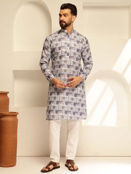 SOJANYA - (Since 1958) Men's Cotton Linen Printed Blue and White Kurta