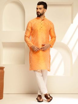 SOJANYA - (Since 1958) Men's Jacquard Silk Woven Motifs Orange Kurta
